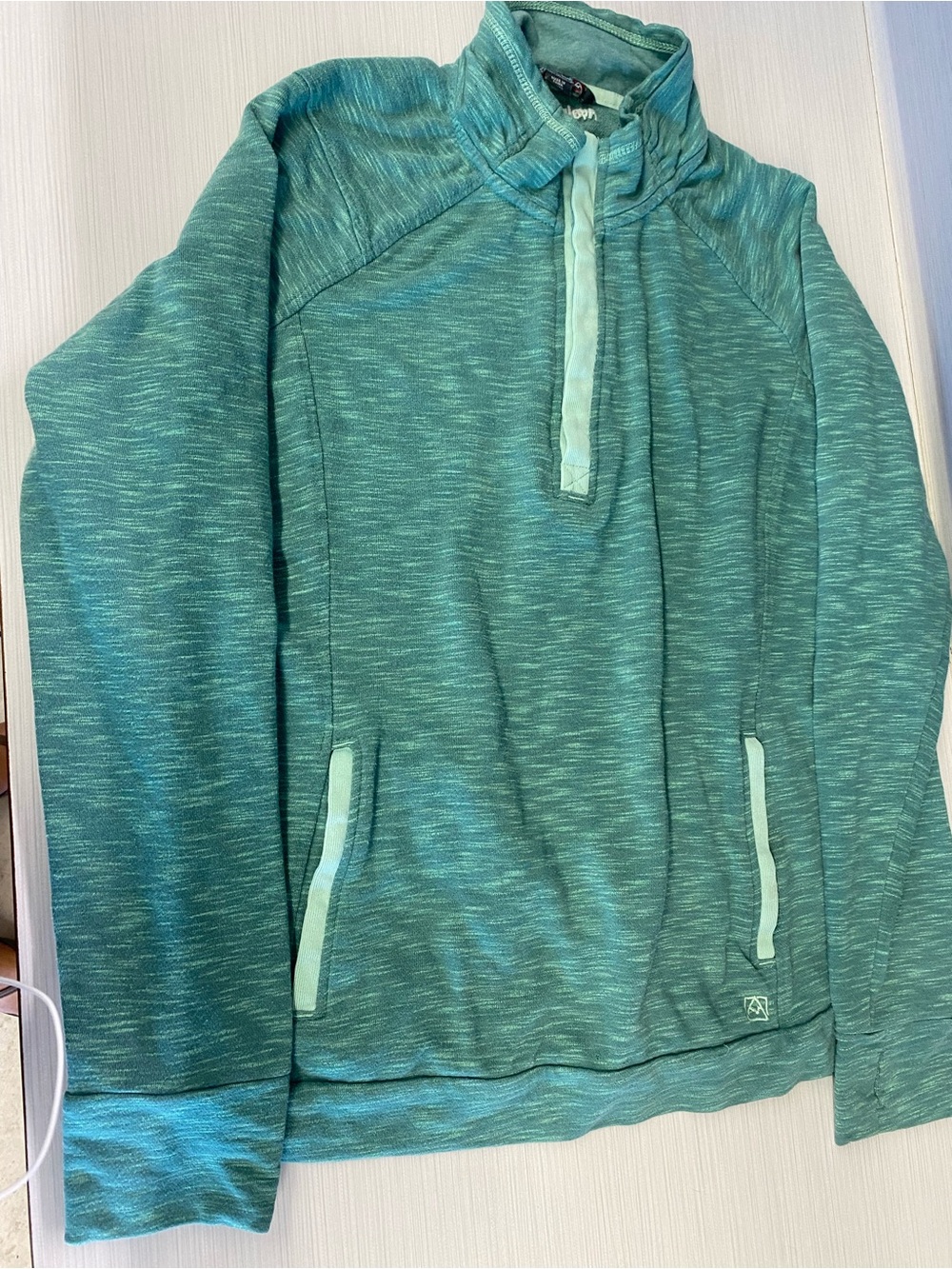 Avalanche Teal Marled Half-Button Pullover with Mint Trim and Thumb Openings
